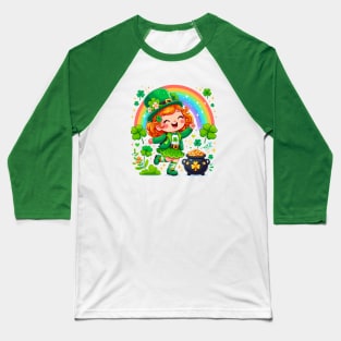 A cute Irish Lassie dancing an Irish jig celebrates St Patrick's Day with a rainbow a pot of gold and shamrocks Irish Pride Irish American four leaf clovers Baseball T-Shirt